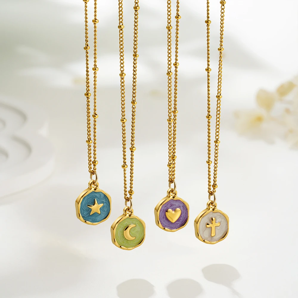 Punk Geometric Irregular Enamel Colorful Natural Stone Pendant Necklace for Women Stainless Steel Cross Heart Opal Choker Gifts
