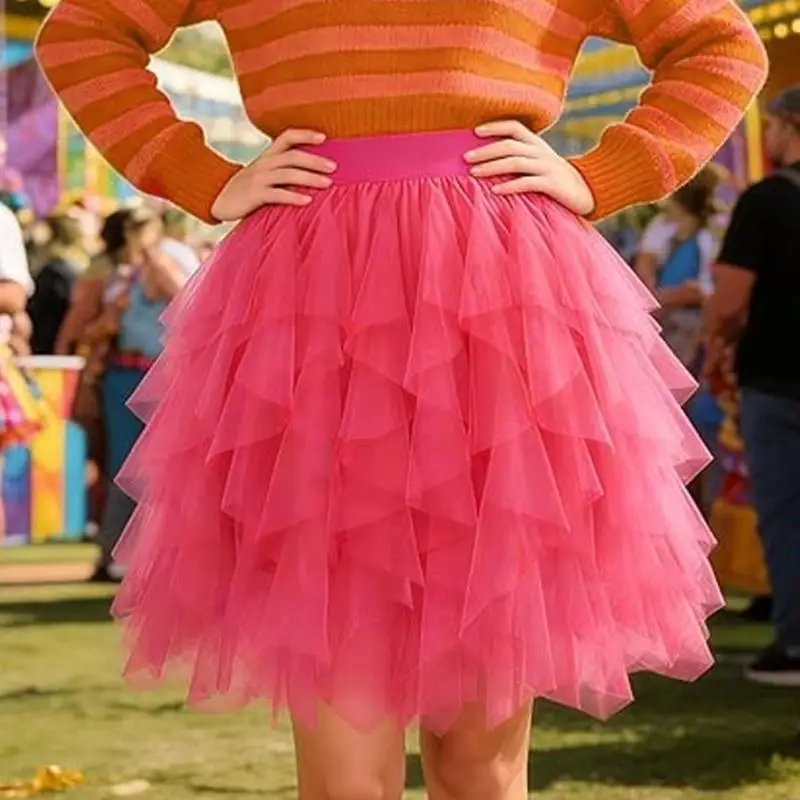 

77HE Women Asymmetric Layered Mesh Tulle A Line Tutus Skirt Color Elastic Waist Knee Length Party Carnival Short Skirt