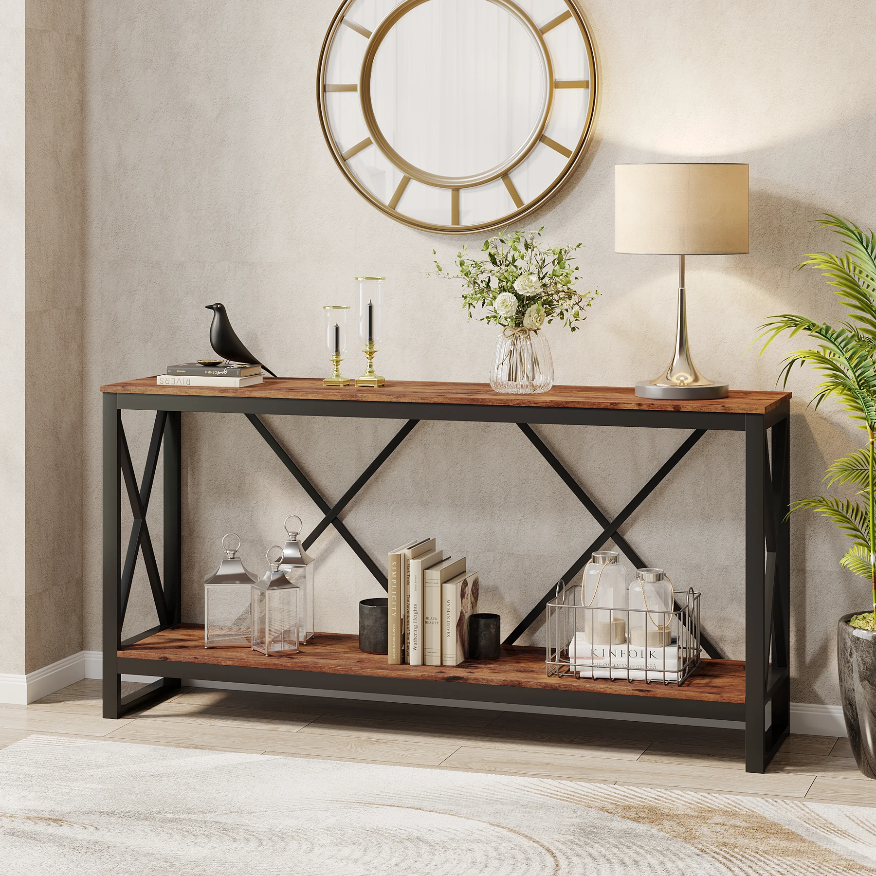 Tribesigns 70.9 Inch Extra Long Console Table, Industrial Narrow Sofa Entry Behind Couch with Open Storage Shelf