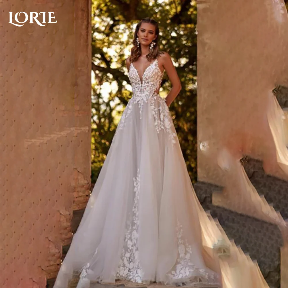 

LORIE Bohemia Wedding Dresses Champagne 2024 V-Neck 3D Flower Appliques Lace Bridal Gowns Beach Boho Wedding Dress customized