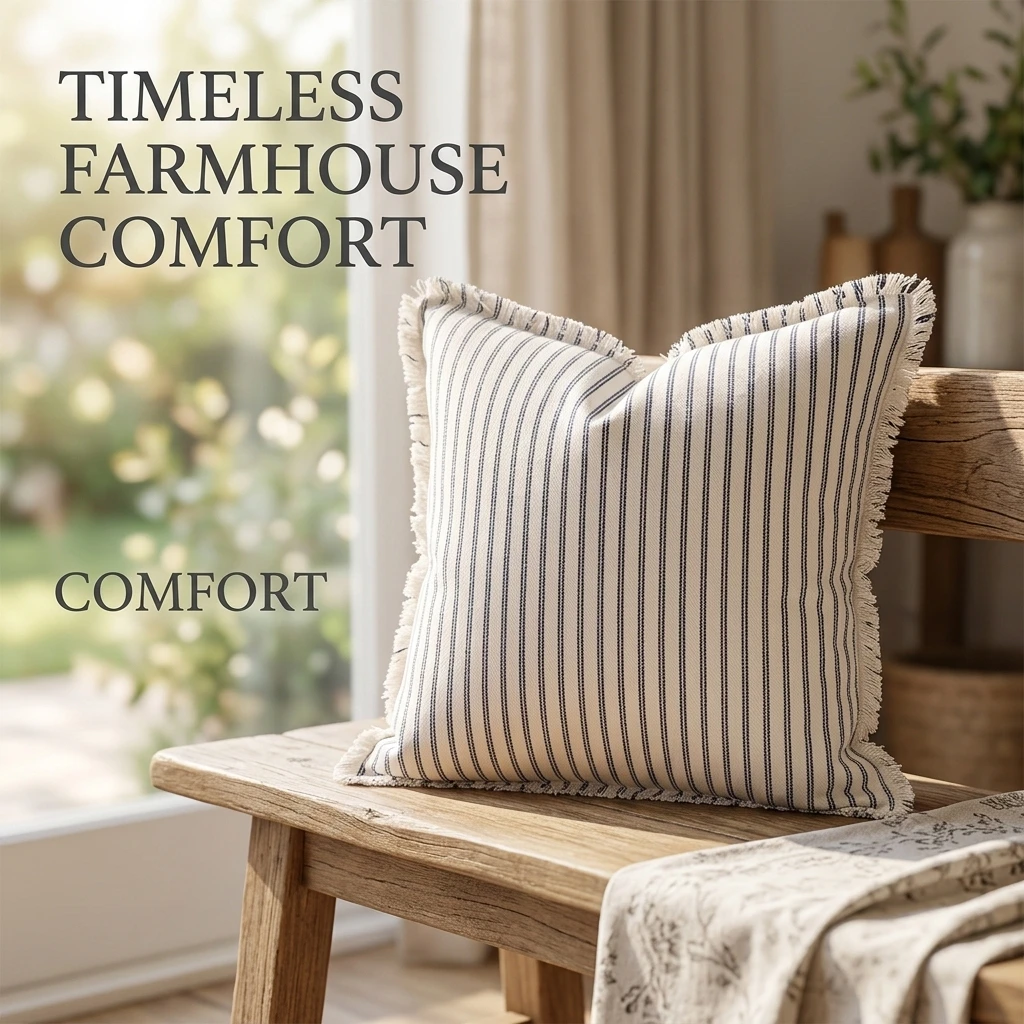 Square Striped Pillow Cover Fringe Cushion Cover Polycotton Zippered Throw Pillowcase Farmhouse Sofa Room Decoration