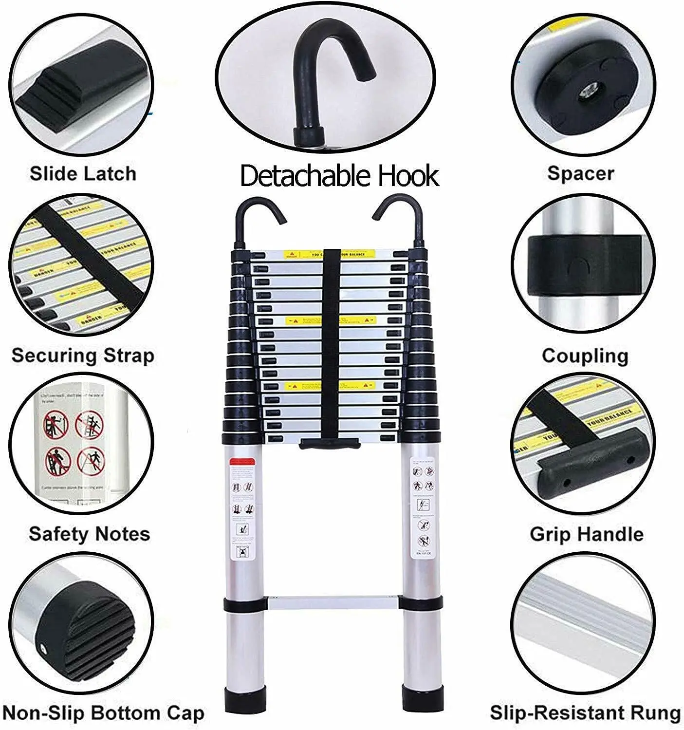 Ladder 20FT Extension Ladder with 2 Detachable Hooks Aluminum Telescopic Ladder Collapsible Ladder Fully Extended 244