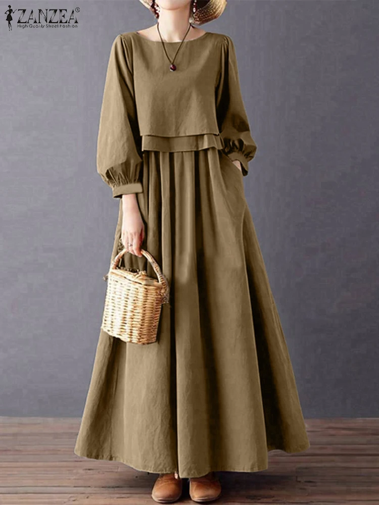 

ZANZEA Womens Casual Chic Maxi Dresses Boatneck Lantern Sleeve Fake Two-Piece Solid Color A-Line Long Dress Autumn Retro Clothes