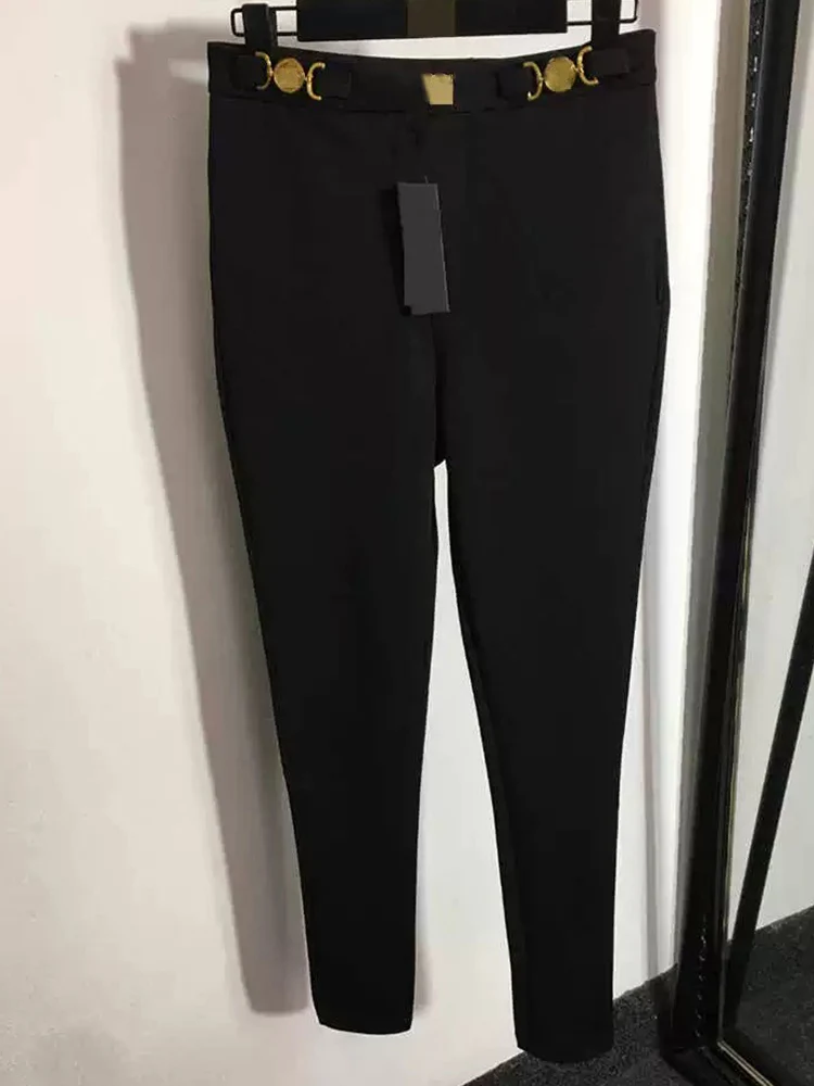 Retro spring 2025 new black elastic metal buckle feet pants fashion Joker wear bottom high waist pencil women's trousers.