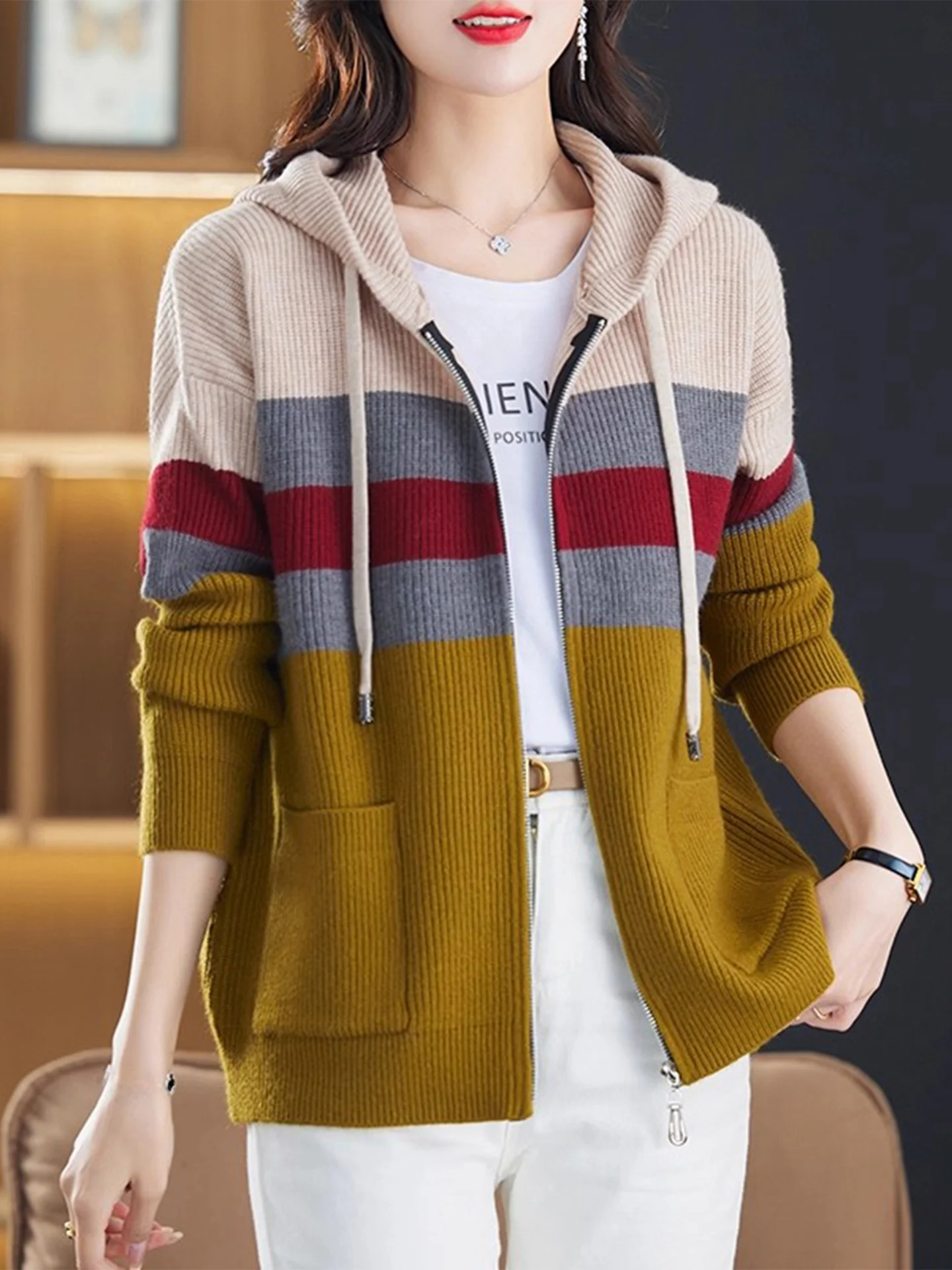 

Женский повседневный шерстяной вязаный открытый кардиган, весенне-осенняя верхняя одежда, свободный цветной блузка с капюшоном, повседневный свитер, пальто