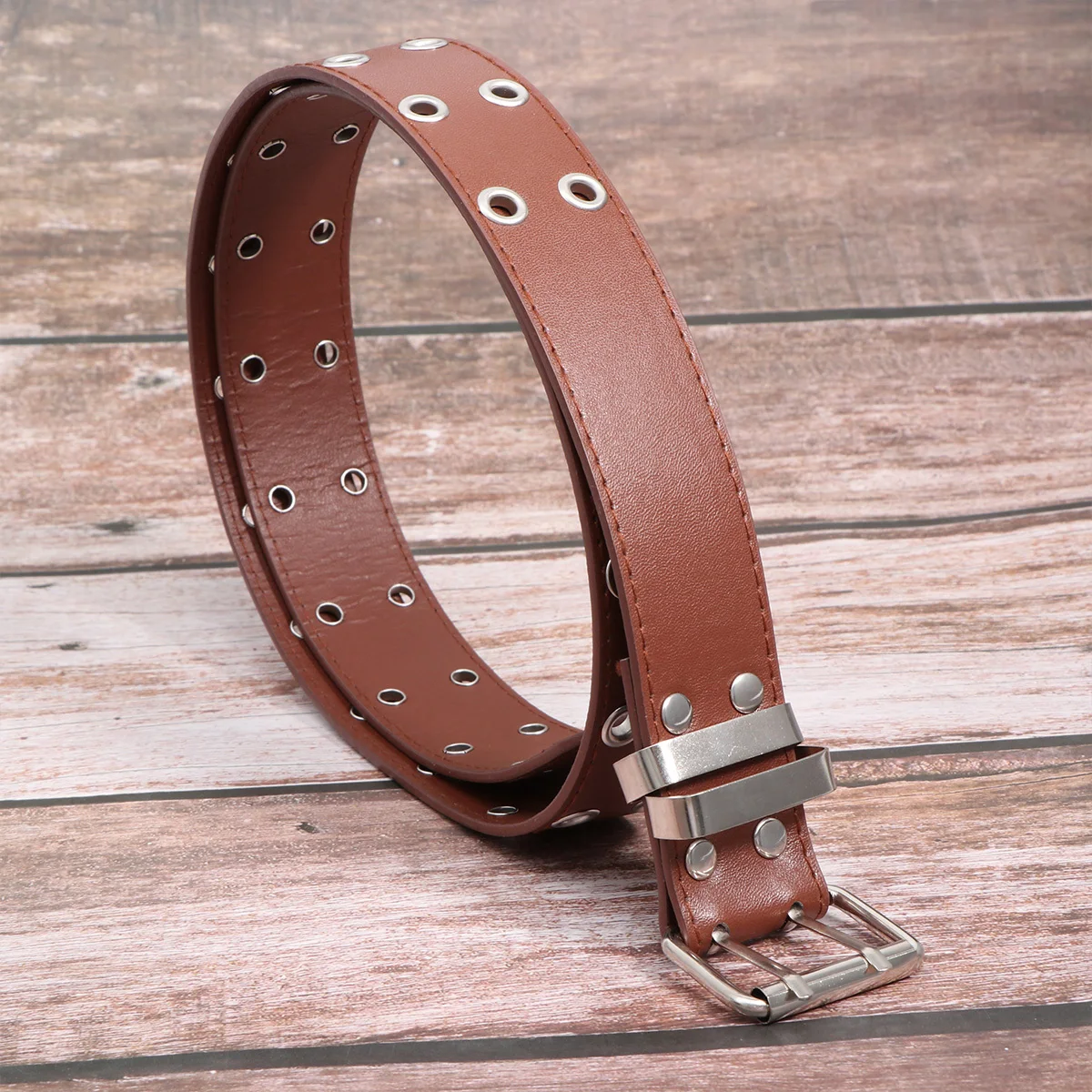 

Punk Style Women Men Double Row Holes Women Waist Belt Belt Punk Style Durable Pu Simple Gift Coffee Color