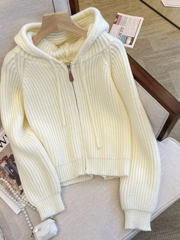 Women Long Sleeve Sweater Korean Style Casual Outerwear Woman Fashion Chic Zip Up Cardigan Knit Top Female Hooded Jumper