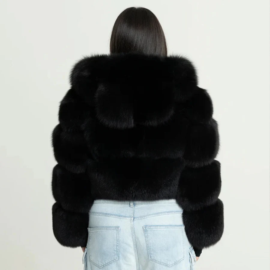 Real Fox Fur Jacket With Hood Black Natural Fox Fur Zippered Bomber Jacket Women's Fur Coat High Quality Genuine Fur Coat