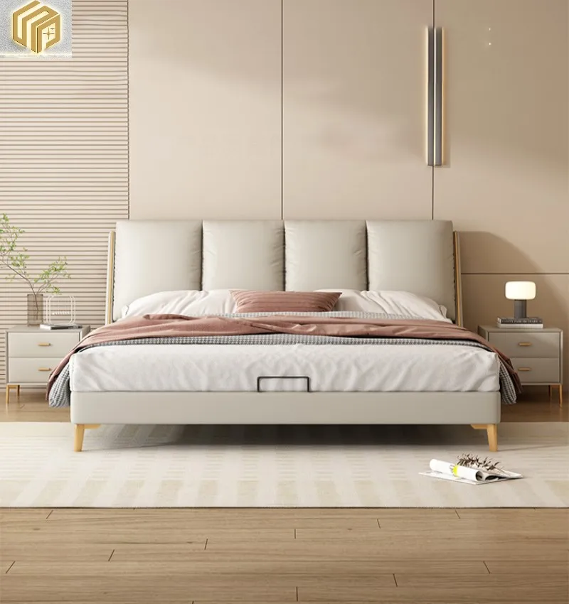 

Simple double bed Nordic wedding bed Italian light luxury storage solid wood master bedroom soft foreskin bed