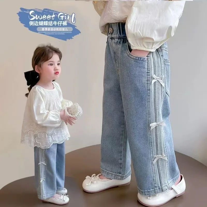Fashion Girls Bow Jeans Spring Autumn Elastic Wasit Blue Casual Straight Denim Pants 2025 New Kids Trousers