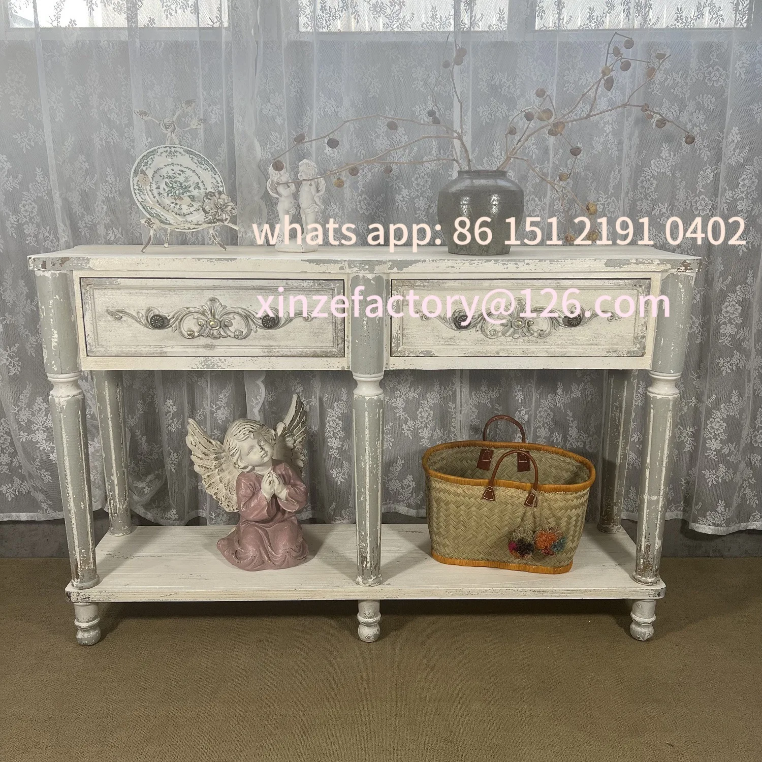 

Customizable French European retro solid wood long porch table Home interior side table Gardening Outdoor console Display stand