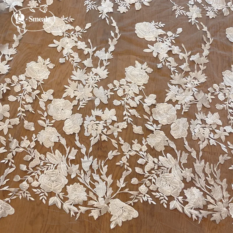 ウェディング用レース生地、刺繍花、ツウィッグドレス、レースメッシュ生地、DIY縫製アクセサリー、ホワイト