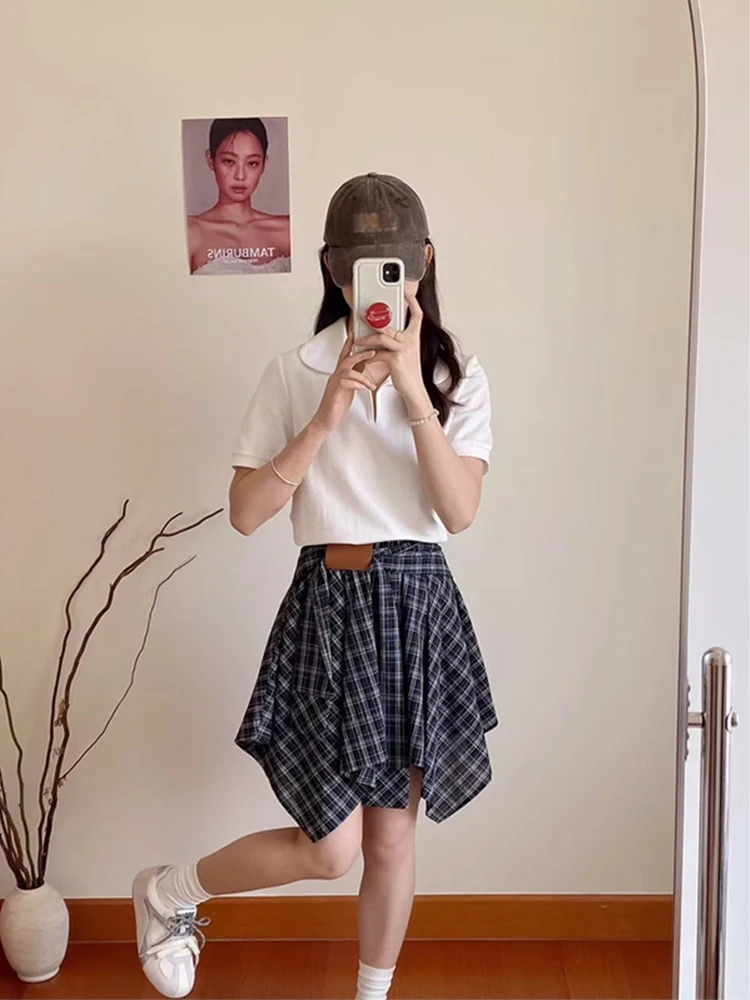 Saia xadrez preta e branca evasê feminina verão novo design bainha assimétrica viajante vintage patchwork cintura alta...