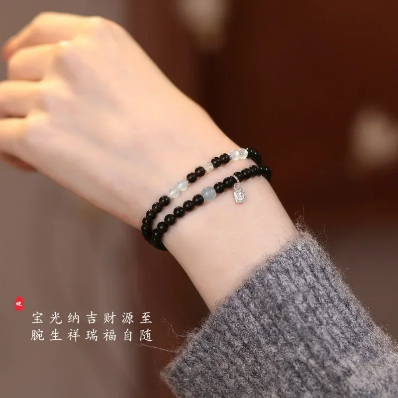 

Yao Yingcai Natural Obsidian Bracelet Women's Aquamarine Treasure Transfer Bead Lucky Bracelet Light Luxury Niche High-end Jewel
