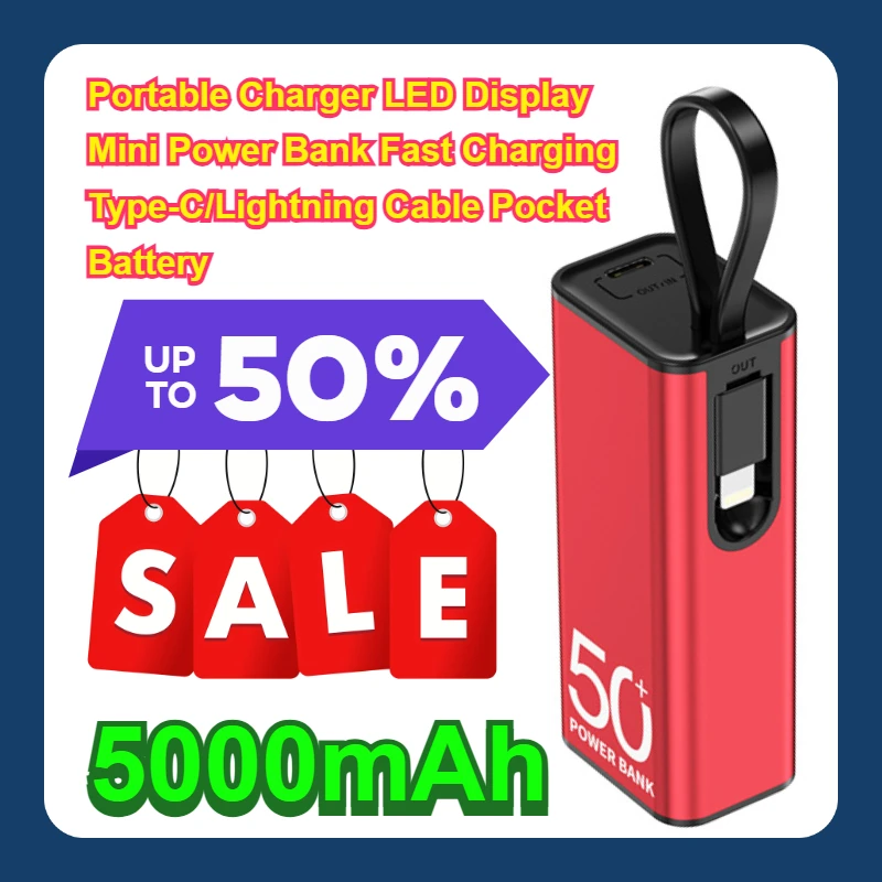 

Portable Charger LED Display Mini Power Bank Fast Charging Type-C/Lightning Cable Pocket Battery 5000mAh