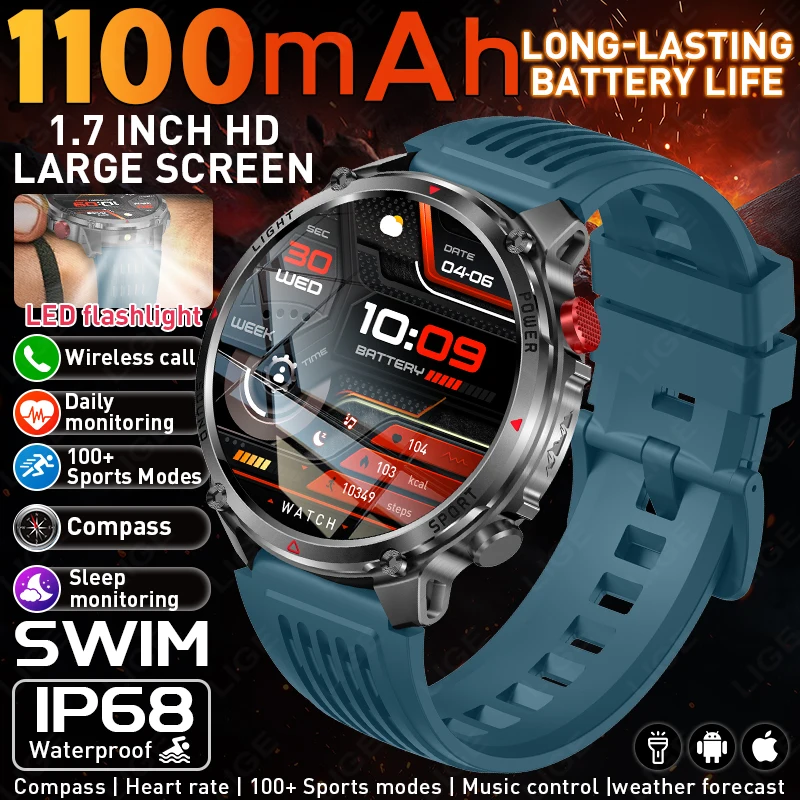 LIGE 2026 Men Women Smart Watch IP68 Waterproof 1.7-inch Flashlight Sports Alarm Clock Weather Custom Dial Clock for Android IOS
