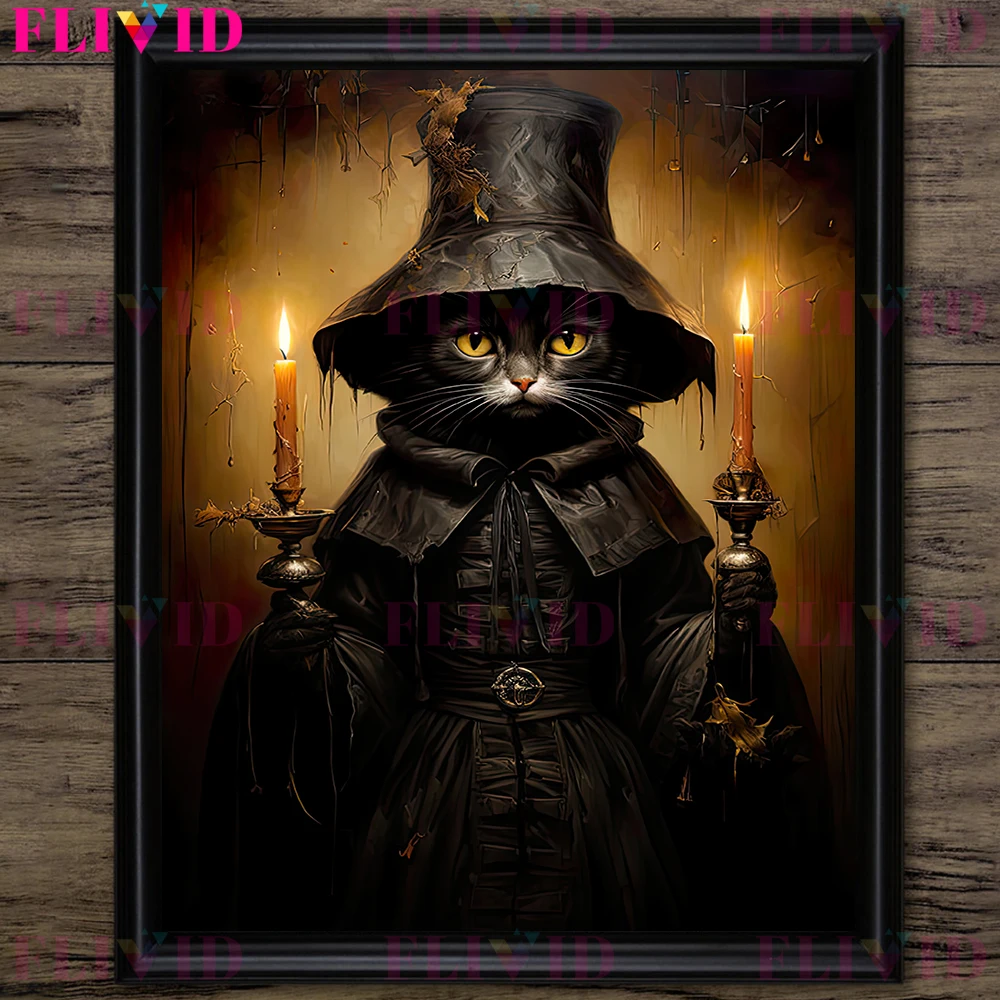 Black Cat Witch And Vampire Cat Gothic Witchcraft Wall Art Canvas Print Victorian Wicca Whimsical Animals Art Poster Print Decor