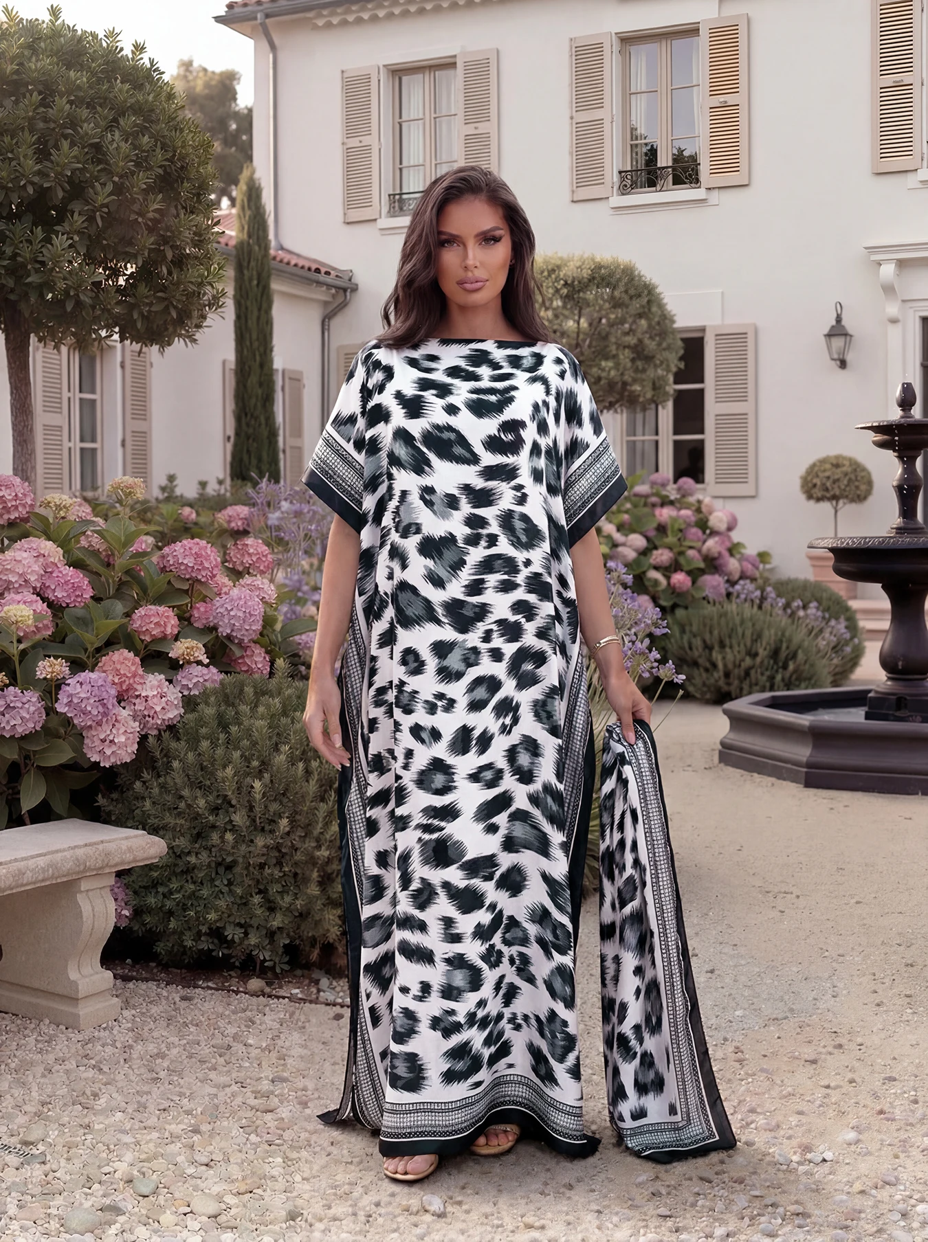 Leopard Print Ethnic Border Satin Abaya Scarf Set, Loose Batwing Maxi Kaftan For Muslim Women Summer Beach Vacation Wear