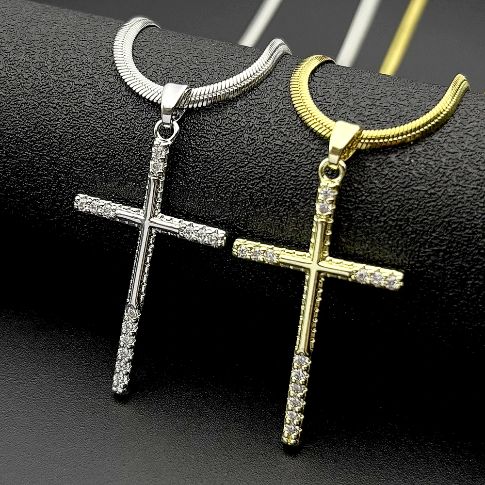 

Minimalist Zircons Cross Copper Pendant Necklace for Women Men Stainless Steel Snake Chain Gold Color Christian Amulet Jewelry