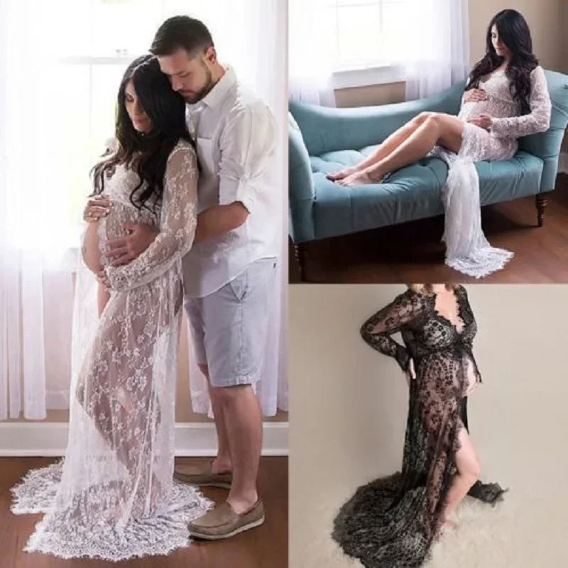 Women Front Split Long Maxi Maternity Lace Dress Pregnant  Dress Gown Photography Prop See Photo Shooting Through Dress