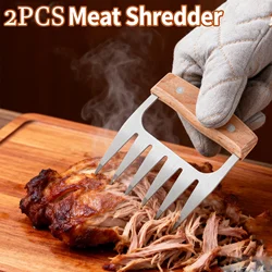2Pcs Meat Shredder Claws with Wood Handle Stainless Steel BBQ Meat Pulled Pork Bear Claw Kitchen Cooking Meat Barbecue Tools