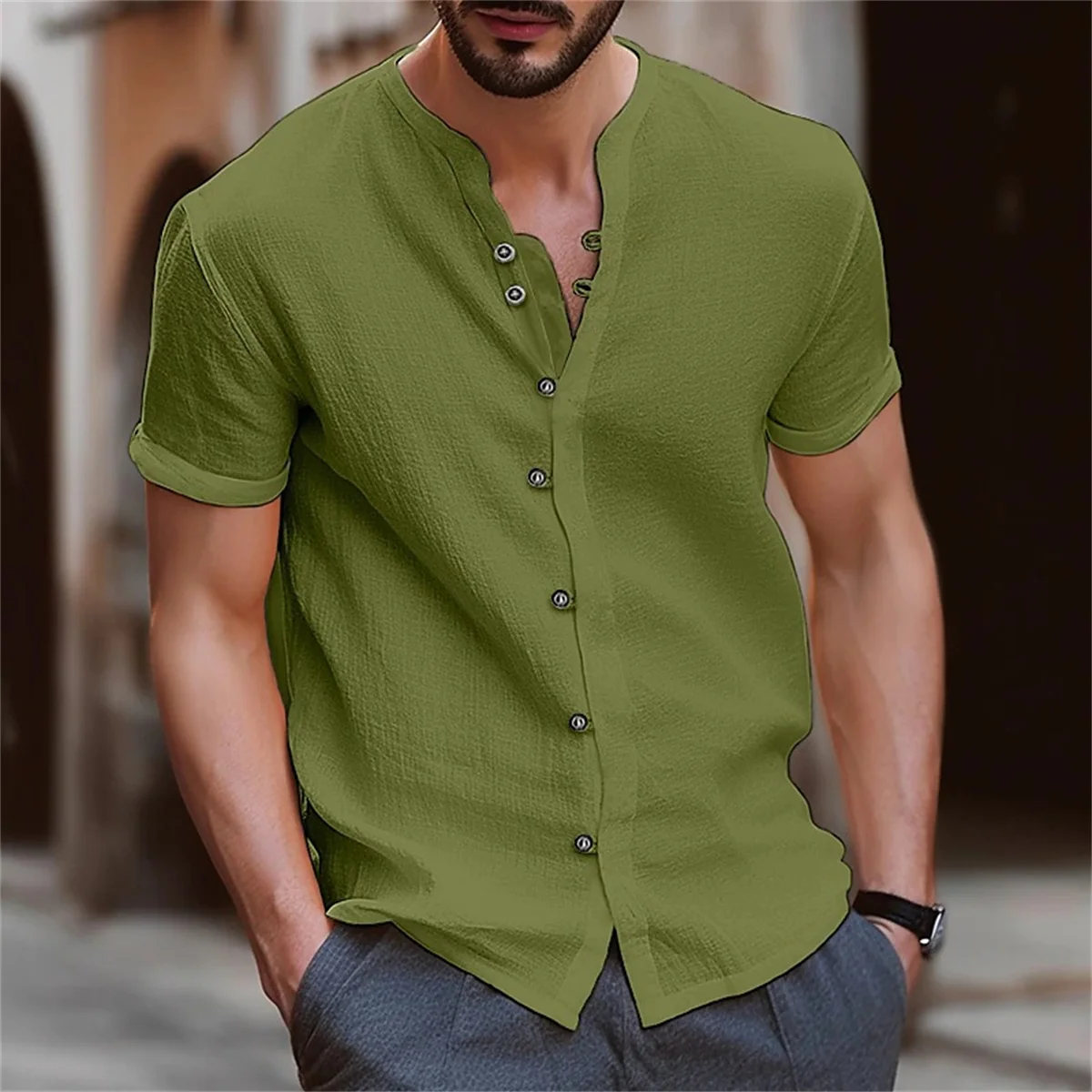 Men\'s Shirt Cotton Short Sleeve Casual Solid Color Retro Street Style British Style Summer Loose Collar Simple Cardigan