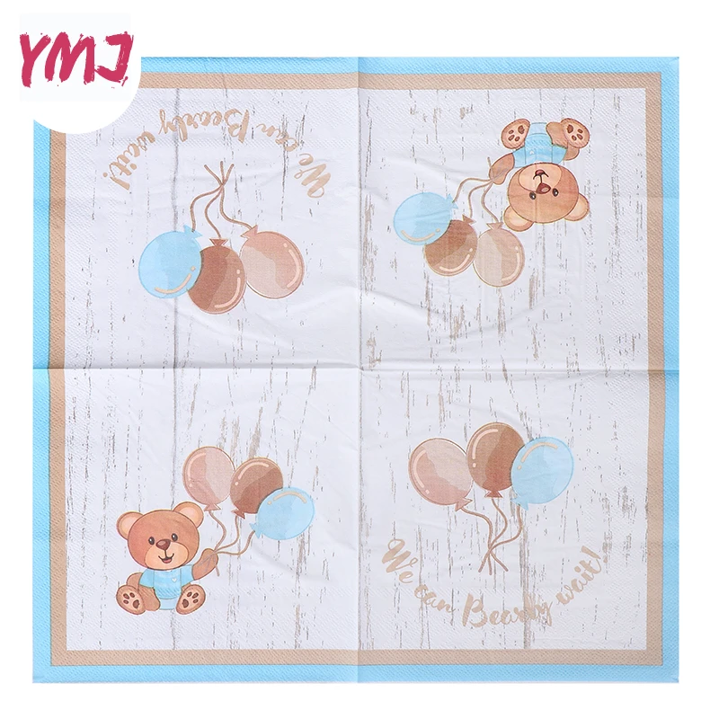 Bear Balloon Colorful Printed Napkins Birthday Party Decoration Original Wooden Paddle Facial Tissues 2-ply 20pcs/Pac 33*33cm