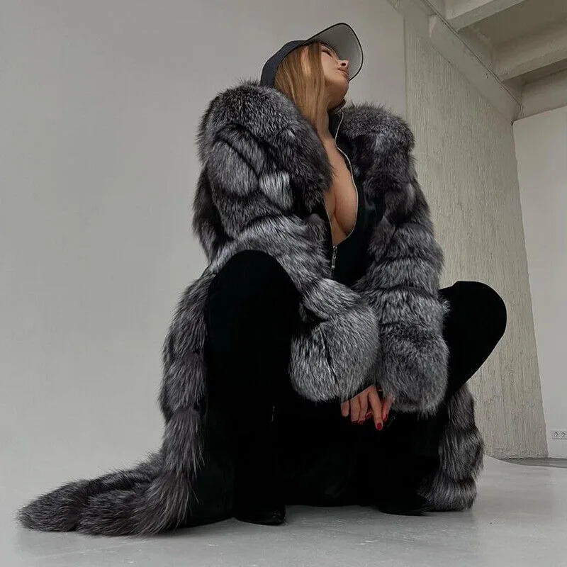 130cm New Women Real Silver Fox Fur Hood Long Overcoat Natural Fur Coat Jacket Winter luxurious authentic genuine fur coats