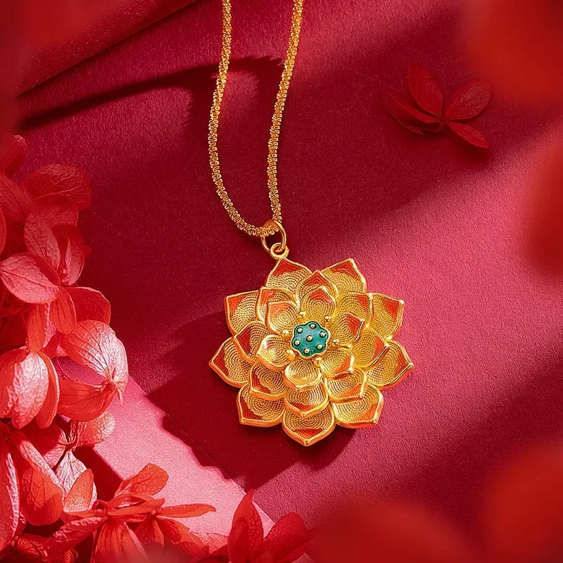 AU9999 real 24K pure gold clavicle chain ethnic style retro enamel large lotus pendant womens lotus gold necklace