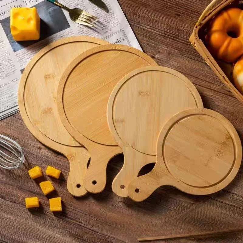 

Household Western Food Bread Plate Sushi Wooden Round Tray Steak Cake Solid Wood Pizza Plates Multifunctional Tableware