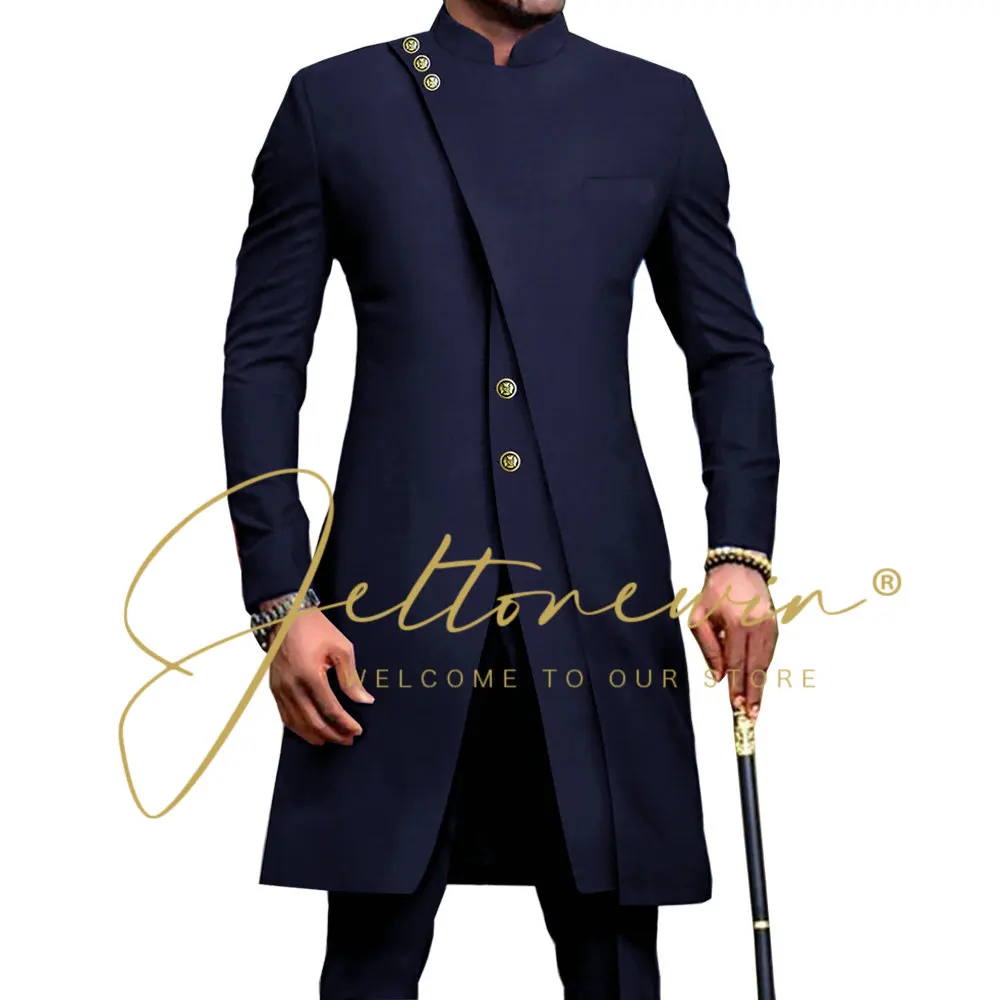 2024 African Style Stand Collar Male Navy Blue Groom Tuxedos For Wedding Costume Groomsmen Best Man Slim Fit 2 Piece Blazer Pant