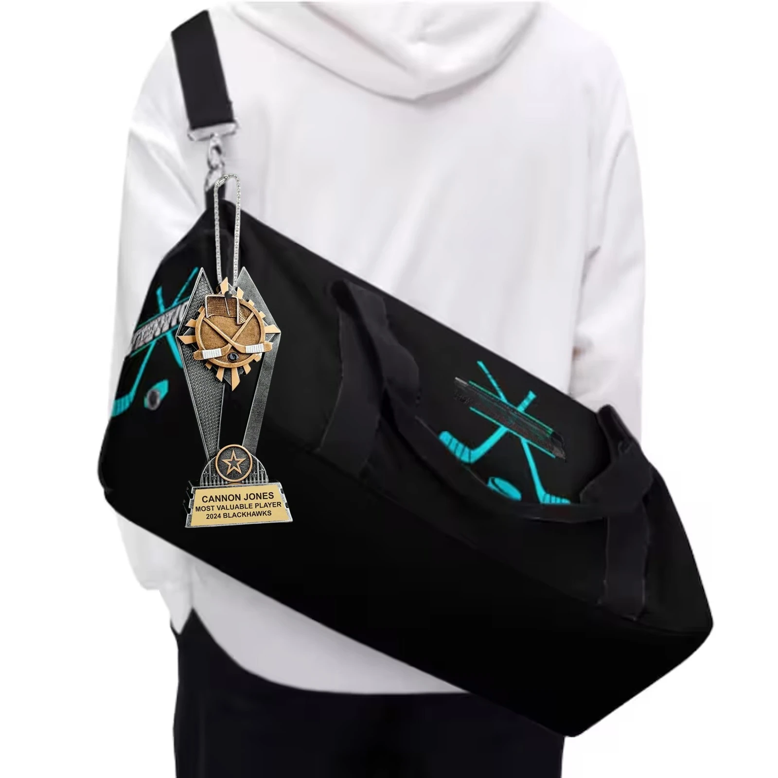 

Personalized Design Hockey Trophy Shape Customized Text Acrylic Bag Charms Hockey Awards Keychain Gifts Car Mirror Hanging