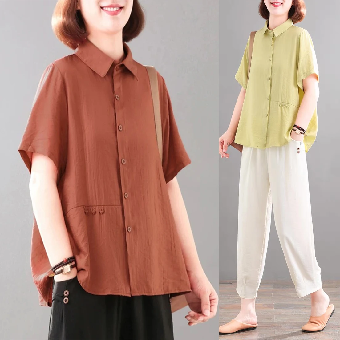

plus Size Women's Casual Shirt Top And Pants Two-Piece Set Fashionable Spring Summer New Arrival Artistic Style Commute Wind