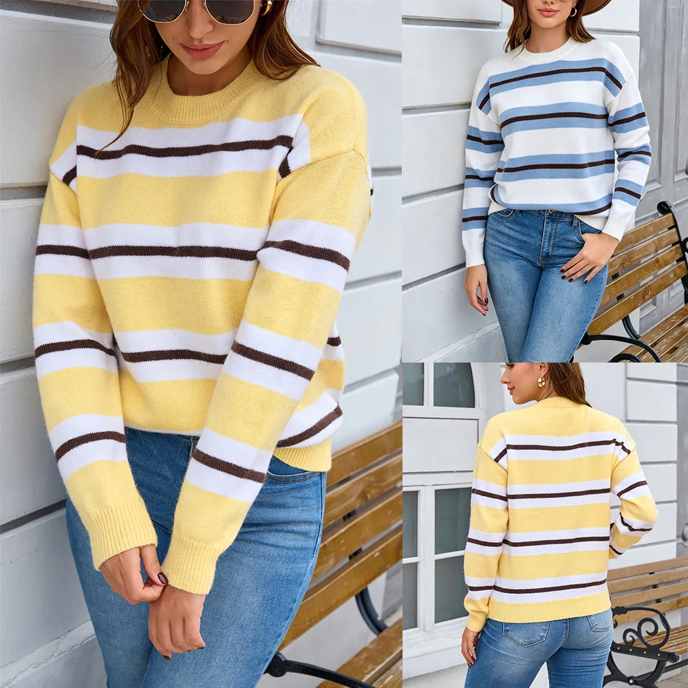 MsChuh Women's Sweaters And Pullovers Color Block Striped Round Neck Sweater Long Sleeve Relaxed Knit Top Ropa Mujer Chic Wear