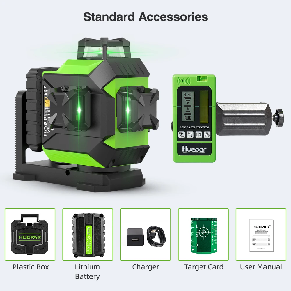 Huepar 703CG Groene 12-lijnen 3D-laserniveau Zelfnivellerende kruislijnafstelling Heldere uitlijning Lasergereedschap met Li-ionbatterij