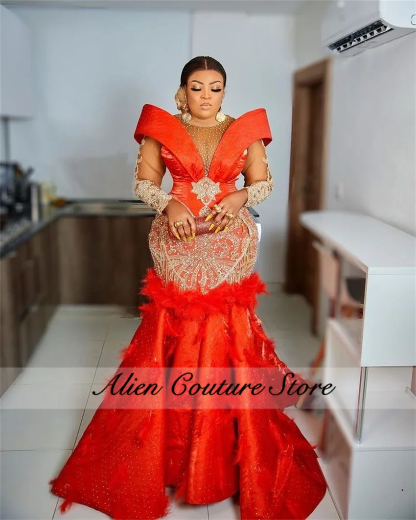 Luxury Red Mermaid Evening Dresses Long Sleeves Bead Diamonds Gowns With Feathers Birthday Dress Formal Occasion Customized
