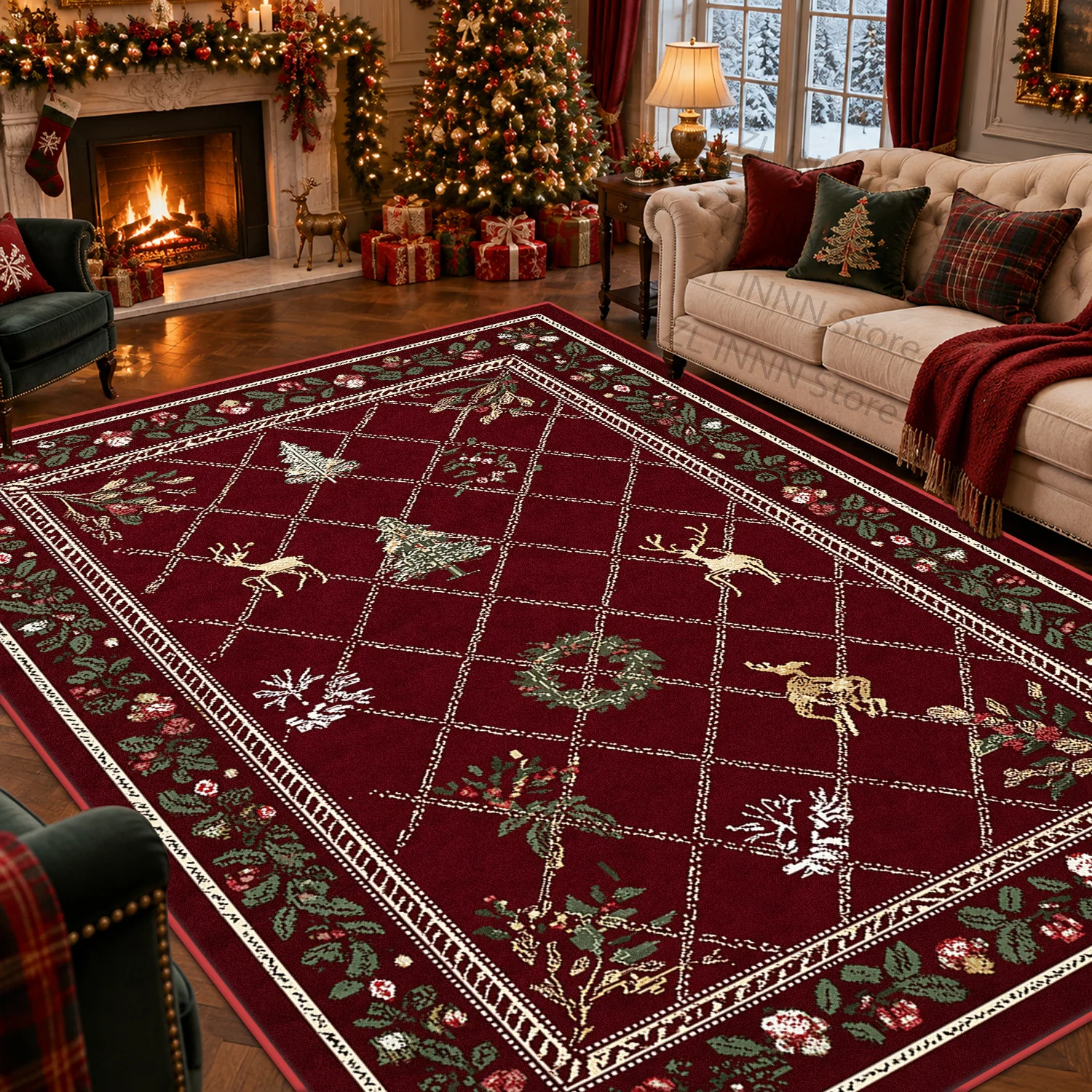 Retro Festive Dark Red Snowflake Floor Mat for Home Christmas Decoration Short Velvet Stain Resistant Living Room Big Size Rug