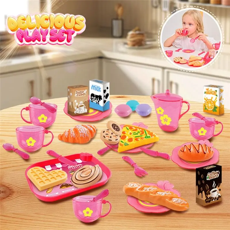 WOWFU-33Pc maison de jeu ensemble de cuisine enfants thé fête ensemble de jeu pour enfants, jeu de rôle avec Dessert et vaisselle