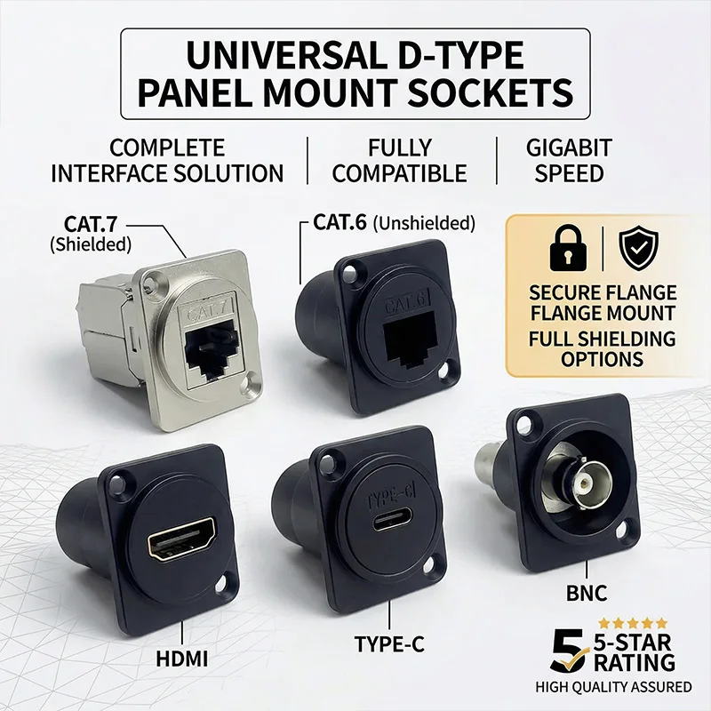 

Shielded D-Type Panel Mount RJ45 Socket, CAT5e CAT6 Ethernet Connector for Industrial Enclosure and Server Rack Wiring