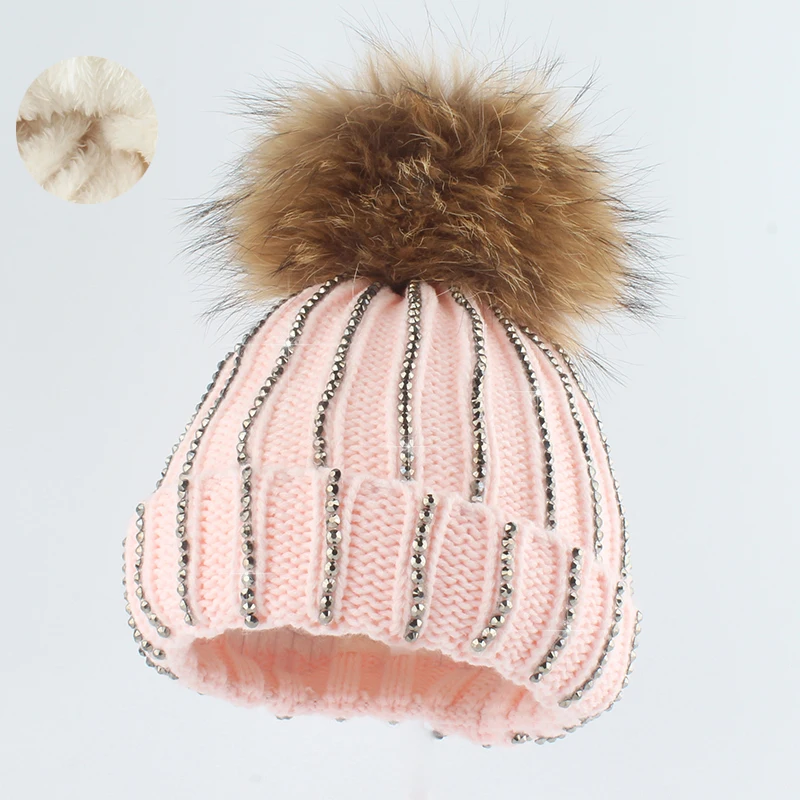 Kids Winter Warm Hat Natural Raccoon Fur Pompom Ball Rhinestone Beanies Boy Girl Baby Fleece Lined Knitted Outdoor Cap Children