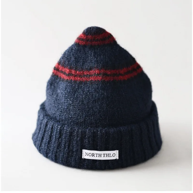 Women Autumn Winter Retro Striped Pointed Beanie Vintage Woven Label Colorblock Pointy Knit Hat Cute Warm Skull Cap