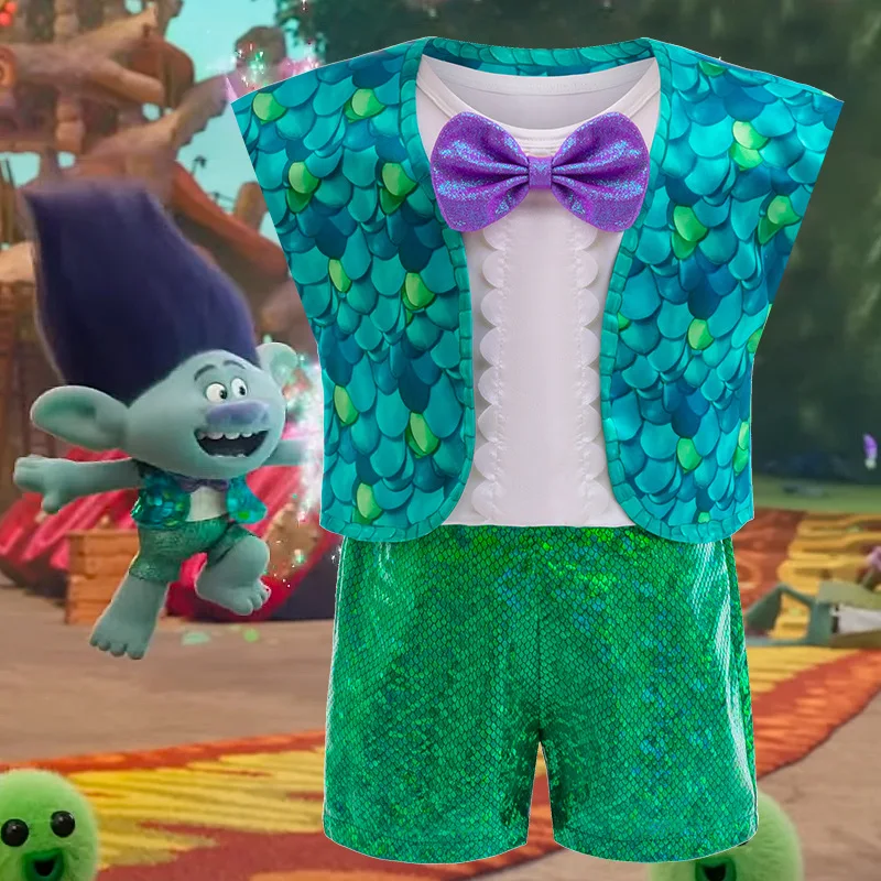 Children Boys Trolls Branch Costume Cosplay Kids Baby Vest Shirt Shorts Suit Halloween Carnival Party Stage Performese Clothes