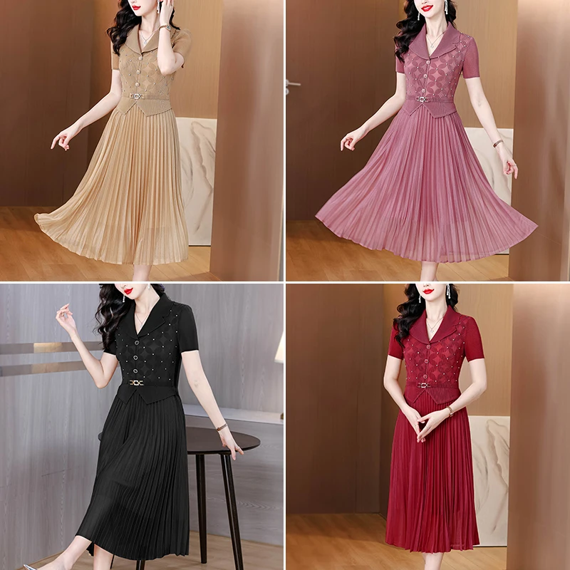 Rimpel lange jurk 2023 zomer nieuwe pak kraag zware bloem losse elegante socialite stijl taille cinched plooirok Frans