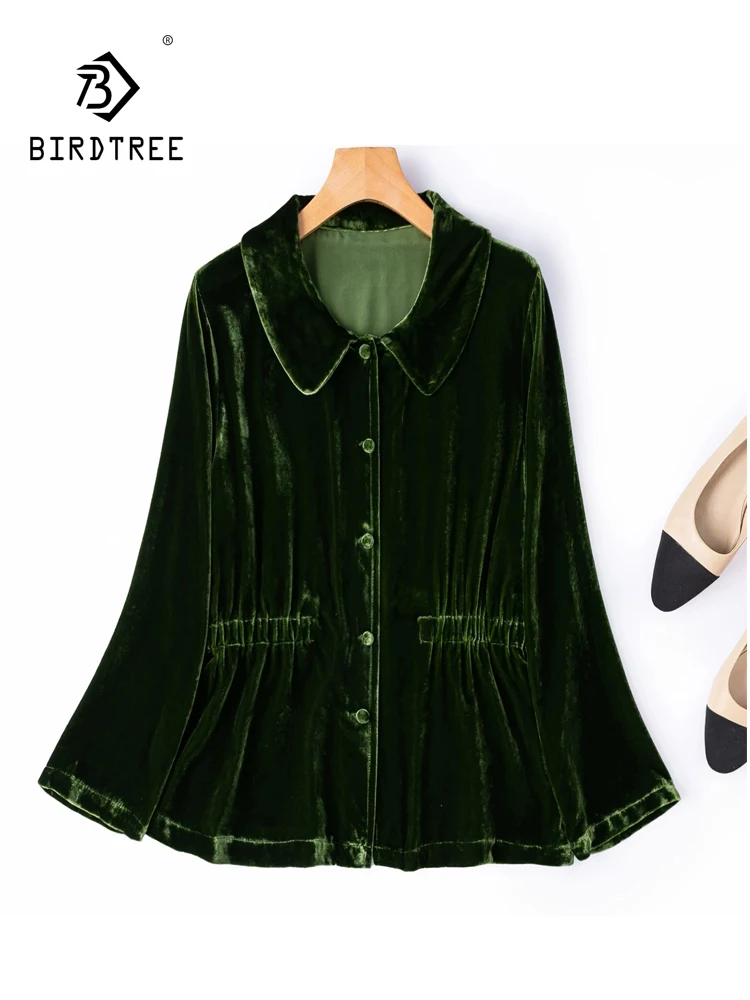BirdTree-Silk Velvet Elegant Shirt, Peter Pan Collar Long Sleeve Solid, Women Retro Casual Loose Blouse, 2026 Autumn T69829CC