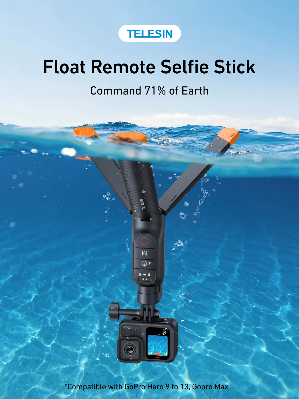 TELESIN 3-in-1 Schwimmfähiger Selfie-Stick, wasserdichter Selfie-Stick mit BT-Fernbedienung und Handschlaufe für GoPro Hero 9 10 11 12 13
