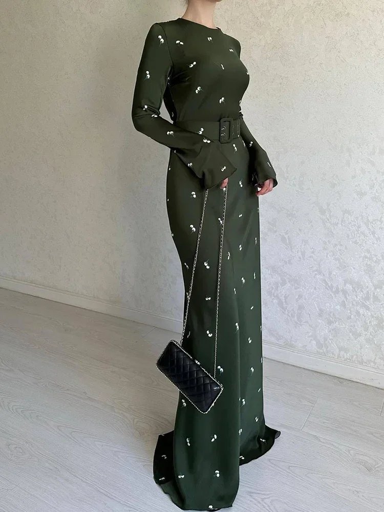 Green Long Dress Women Vintage Floral Print Dress Lady Autumn Long Sleeve Maxi Dress With Belt Fashion Elegant Slim Dresses