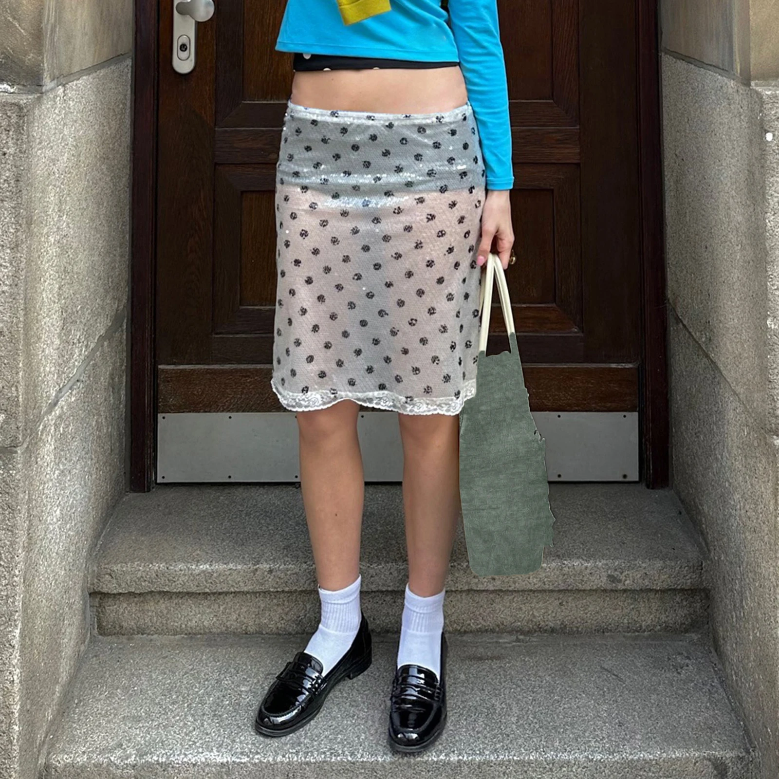 

Combhasaki Women Fashion Luxury Sequins Glitter Floral Lace Trim Low Waist Summer Bodycon Straight Sheer Midi Skirts Streetwear