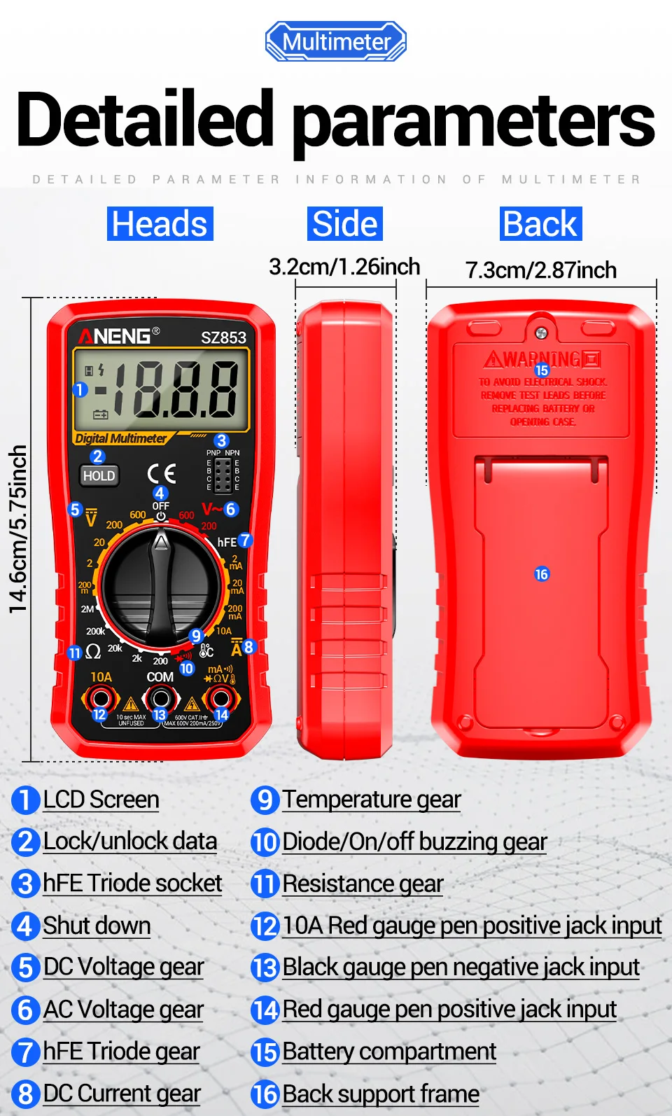 ANENG SZ853 Digitalmultimeter 1999 Zähler Multimeter-Tester misst AC/DC-Spannung, Strom, Widerstand, Temperatur, Diodentest. – Detail 12