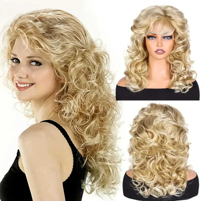 New European and American style golden long curly voluminous synthetic wig