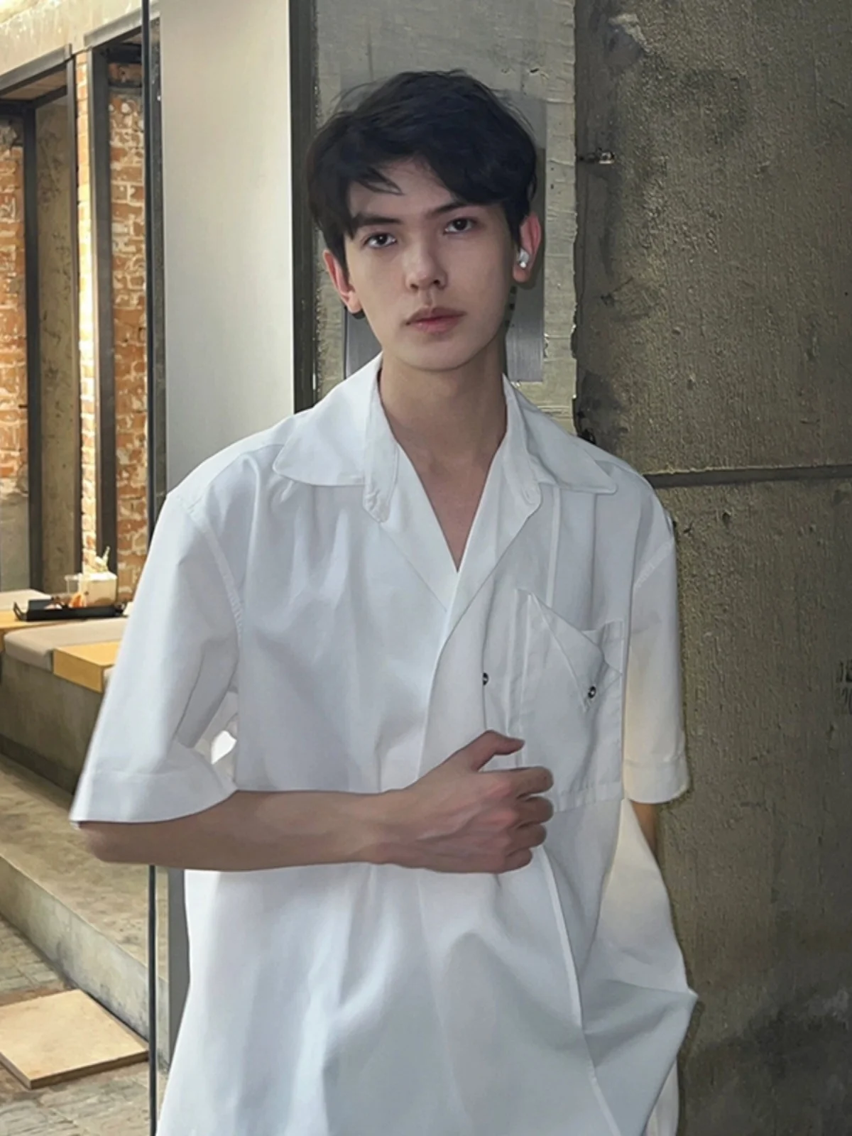 

White Ice Silk DK Men's Summer Thin Design Sense Haome Drapey Top CleanFit f Sve irt Loose Fit Youth Faion